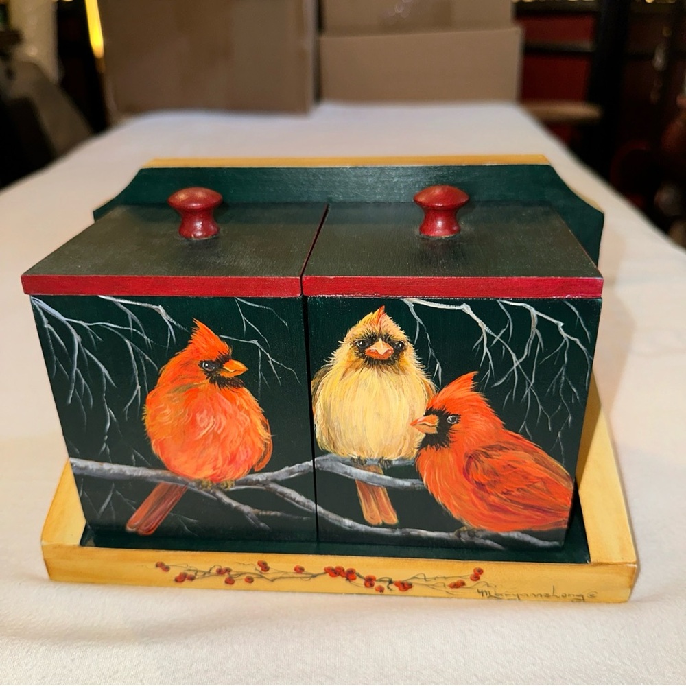 2 Vintage Wooden Lidded Boxes & Stand. Hand Painted Cardinals. Artist Signed.